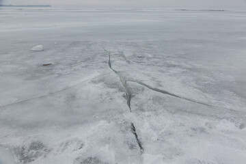 Large crack the ice on the river