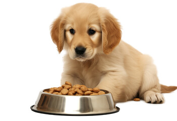 golden retriever puppy dog eats dog food from his bowl - obrazy, fototapety, plakaty