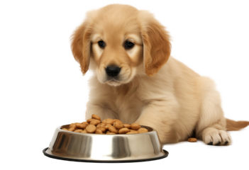 golden retriever puppy dog eats dog food from his bowl