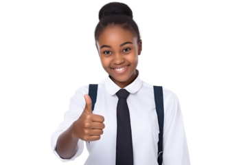 an african american young small schoolgirl make fingers thumbs up smiling at camera on transparent background
