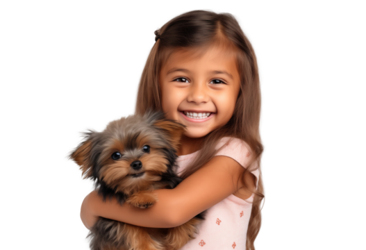 happy little latin girl holds a yorkshire terrier puppy dog in his arms looking at camera on transparent background