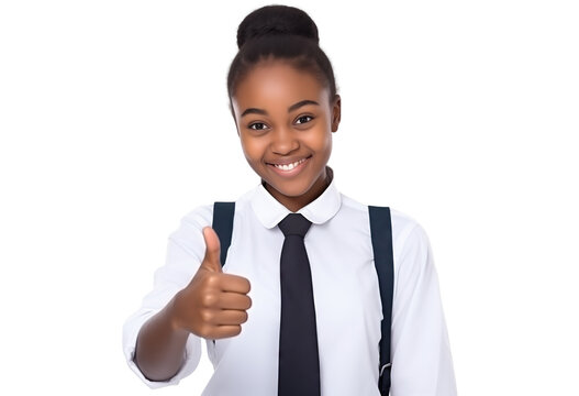 an african american young small schoolgirl make fingers thumbs up smiling at camera on transparent background