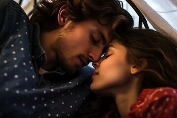 Generative ai photo image of heterosexual couple kissing in bed valentine day concept