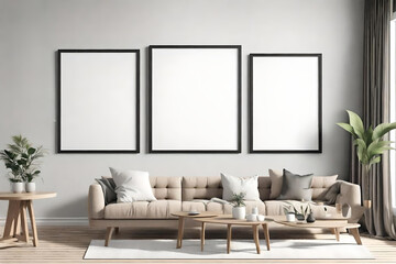Frame mockup, ISO A paper size. Living room wall poster mockup. Interior mockup with house background. Modern interior design.  modern living room with sofa
