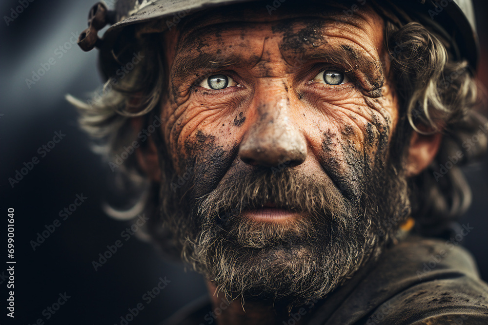Poster generative ai picture of man dressed in dirty work overalls and hard hat working in a mine cave