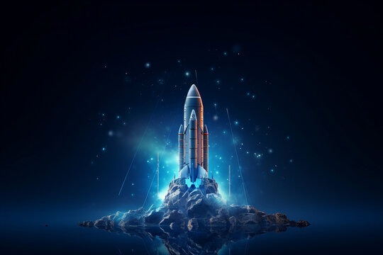 AI generated image of dynamic digital spaceship soaring into the cosmos