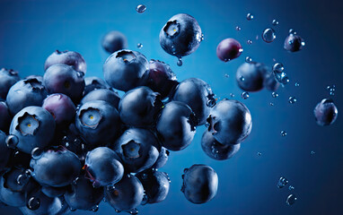 Lots of fresh blueberries,blueberris levitating in air on blue background. .blueberries with water dropsperfect for food blogs, recipe books, cooking websites, fresh and healthy