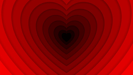 Romantic love heart tunnel background. Vector mesmerizing heart-shaped frame with dimension layers in red, glowing hues, symbolizes the journey of love, creating a dreamlike and enchanting atmosphere