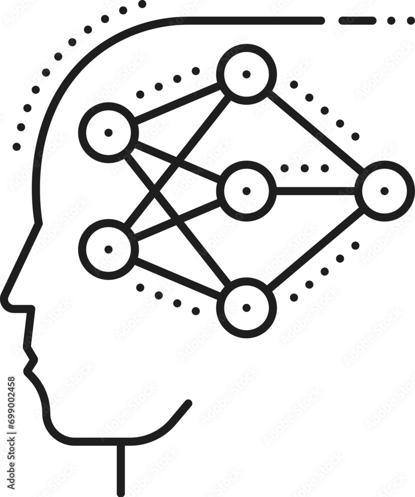 Leinwandbilder Machine learning neural network, AI artificial intelligence algorithm icon. Robotic learning algorithm, computer science and artificial intelligence innovation line vector icon with neural network