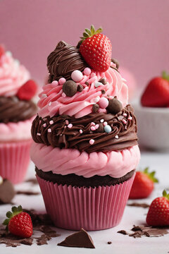 Strawberry cupcakes with chocolate frosting on a pink background