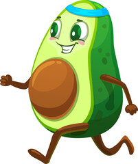 Cartoon Mexican cheerful avocado runner character for emoji or kawaii emoticon, isolated vector. Cute avocado jogging on fitness sport or run marathon, kids athletic training mascot personage