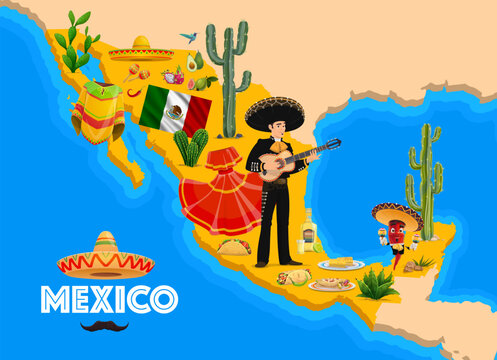 Mexico map with national characters, cuisine, fruits and plants, vector background. Mexican landmarks on Mexico map with mariachi musician in sombrero, chili pepper, avocado or maracas and poncho