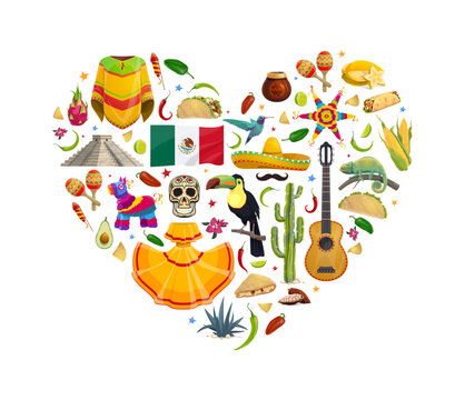 Mexico heart with national cuisine and animals, flag, sugar skull and pyramid cartoon pattern. Vector mexican holiday sombrero, guitar, maracas and cactus, chili, tex mex food, pinata, lizard and bird