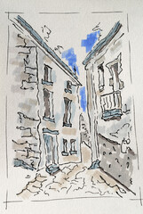 Street of old buildings, city sketch created with liner and markers. Color illustration on watercolor paper - 699003023