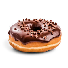 PNG image of a doughnut covered in chocolate glaze and adorned with chocolate-nut crumbs