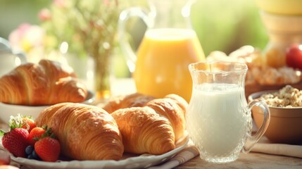delightful breakfast spread featuring a variety of bread buns, croissants, coffee, and juice on a vibrant carnival table setting.