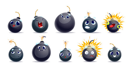 Cartoon bomb characters with wick or fuse. Explosive, weapon personages and burst. Vector set of funny emoticons express emotions of excitement, surprised, laugh, happiness, shock and confusion - obrazy, fototapety, plakaty