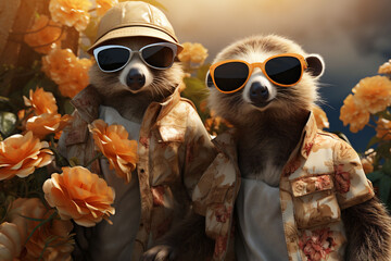 Two racons in beige shirts orange sunglasses and hat looking at the camera on a orange sunny flower background. Copy space. - obrazy, fototapety, plakaty