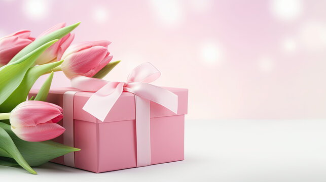 Pink gift box with a pink bow and a bouquet of tulips. Perfect for greeting cards, birthday invitations, and Mother's Day designs. valentine day, A delightful and charming image for various occasions.