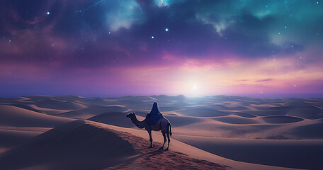 A traveler with his camel was in a vast desert, the night sky was decorated with beautiful auroras