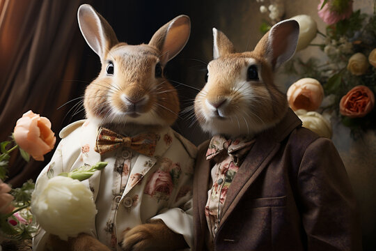 Two rabbits in brown and white suits looking at the camera with flowers and a room on the background. Easter bunnies. Copy space.