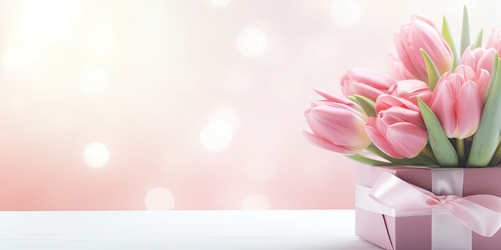 Pink gift box with a pink bow and a bouquet of tulips. Perfect for greeting cards, birthday invitations, and Mother's Day designs. valentine day, A delightful and charming image for various occasions.