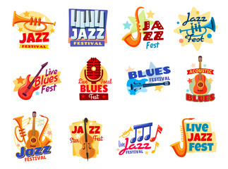 Jazz and blues music festival icons. Live music show or performance event, jazz festival or concert vector icons or emblems set with trumpet, saxophone, vintage microphone and electrical guitar