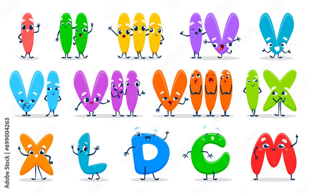 Poster Roman numeral or number characters. Cartoon numerical system personages with adorable faces used in ancient Rome. Cute funny letters I, II, III, IV, V and VI, VII, VIII or IX, X, L, D with C and M