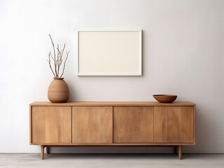 Wooden cabinet in front of white wall with blank white mockup canvas