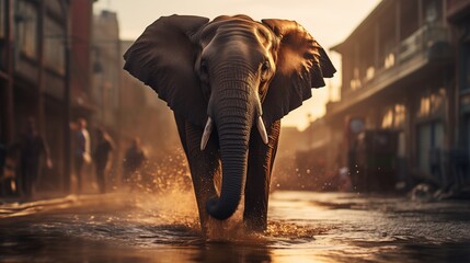 AI generated illustration of a majestic elephant strides through  urban environment
