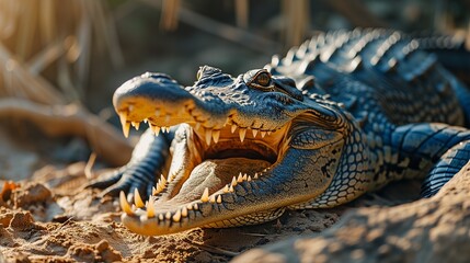 Obraz premium AI generated illustration of a large colorful toy alligators playfully lying in the sand
