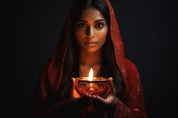 Beautiful indian woman holding burning candle in her hands, closeup, Indian woman holding diya or oil lamp in hand, AI Generated