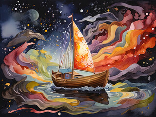 Naklejka premium painting of a boat in the ocean with a sky background