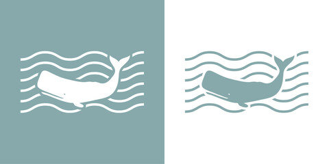 Logo Nautical. Silueta de cachalote con olas de mar - obrazy, fototapety, plakaty