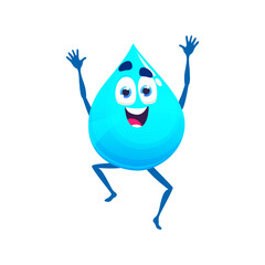 Cartoon jumping happy water drop character. Isolated vector cheerful liquid drib with big smile, sparkling eyes and hands raised up, radiating positive energy and joy. Comic blob or raindrop personage