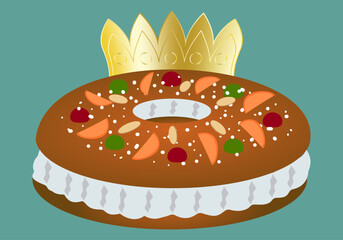 Roscón de Reyes relleno de nata y con frutas confitadas, almendras fileteadas y azucar glass. Acompañado de una corona dorada. Roscón de bizcocho y nata - obrazy, fototapety, plakaty