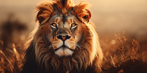 close up of a lion, Portrait of  lion on blurred background - obrazy, fototapety, plakaty