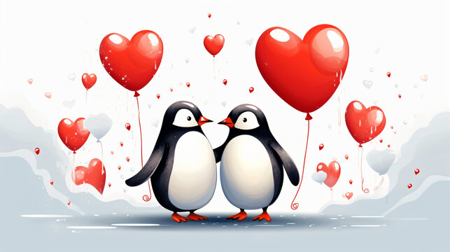 Draw couple love penguins with red heart for Valentin day