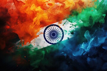 National flag of India with a cloud of colored smoke on a black background, Indian flag colors tech wallpaper, AI Generated - obrazy, fototapety, plakaty
