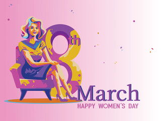 Abstract Portrait of Young Woman Sitting at Armchair against 8th March for Happy Women's Day Celebration Concept.