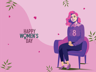 Happy women's Day Concept with Cheerful Fashionable Young Teenage Girl Character Sitting at Armchair on Pink Background.