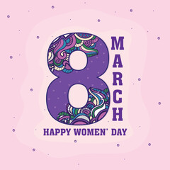 Elegant Greeting Card Design with Floral Number of Eight Number for 8th March, Happy Women's Day Celebration.