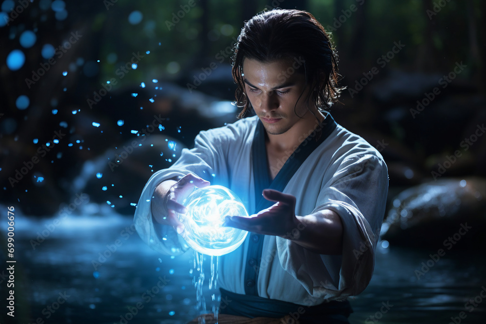 Poster generative ai image picture of powerful elements wizard practicing ice water air fire magic video ga