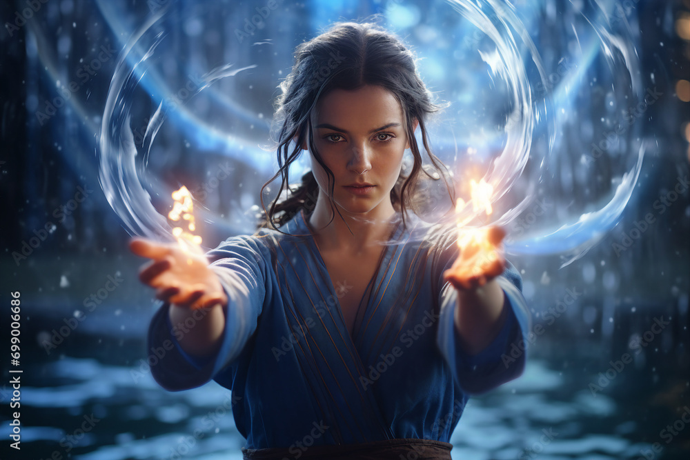 Poster generative ai image picture of powerful elements wizard practicing ice water air fire magic video ga