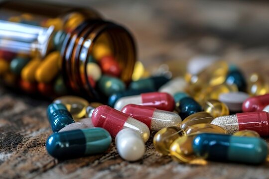 Surtido colorido de medicamentos derramados de botella sobre fondo de madera texturizada