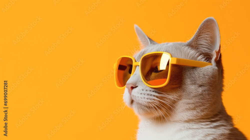 Wall mural Cat in sunglasses on a orange background with copyspace