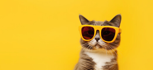Cat in sunglasses on a yellow background with copyspace