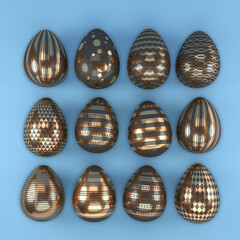 3d render of 12 black and copper color easter eggs on blue background. - Vacation background