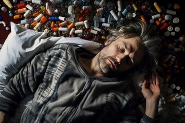 Unconscious Man sleeping on medicine pills. Sleeping tablets addiction or overdose medical drugs. Generate ai