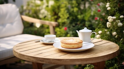 Fancy white porcelain set with herbal tea and coffee, accompanied by homemade pie, placed on a wooden table in a garden